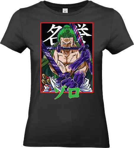 Drei-Klingen-Schwertkämpfer - Roronoa Zoro Shirt, pirate anime, drei Schwerter Santoryu, Geek Kleidung, Otaku Kultur, japanischer Streetwear, Samurai Ästhetik, Nerd Shirt, Geek Geschenk, Kanji Shirt, Zoro Schwertkämpfer, Anime Print - Standard T-Shirt (Women)