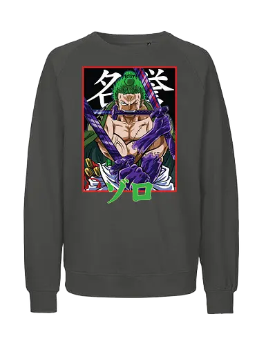 Drei-Klingen-Schwertkämpfer - Roronoa Zoro Shirt, pirate anime, drei Schwerter Santoryu, Geek Kleidung, Otaku Kultur, japanischer Streetwear, Samurai Ästhetik, Nerd Shirt, Geek Geschenk, Kanji Shirt, Zoro Schwertkämpfer, Anime Print - Fairtrade Sweatshirt