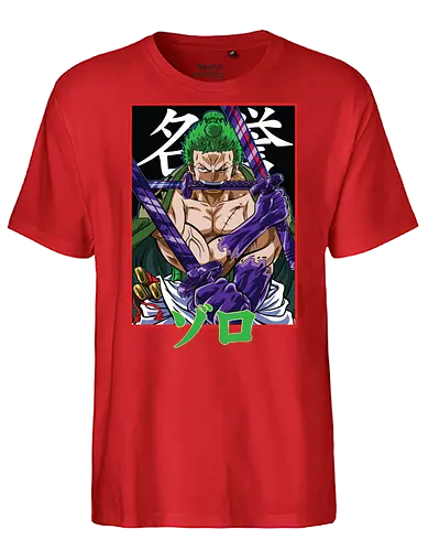 Drei-Klingen-Schwertkämpfer - Roronoa Zoro Shirt, pirate anime, drei Schwerter Santoryu, Geek Kleidung, Otaku Kultur, japanischer Streetwear, Samurai Ästhetik, Nerd Shirt, Geek Geschenk, Kanji Shirt, Zoro Schwertkämpfer, Anime Print - Fairtrade T-Shirt