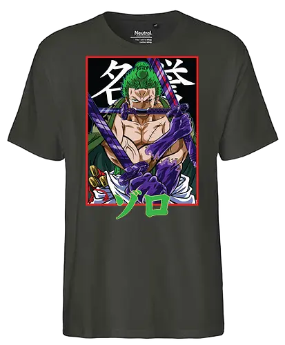 Drei-Klingen-Schwertkämpfer - Roronoa Zoro Shirt, pirate anime, drei Schwerter Santoryu, Geek Kleidung, Otaku Kultur, japanischer Streetwear, Samurai Ästhetik, Nerd Shirt, Geek Geschenk, Kanji Shirt, Zoro Schwertkämpfer, Anime Print - Fairtrade T-Shirt