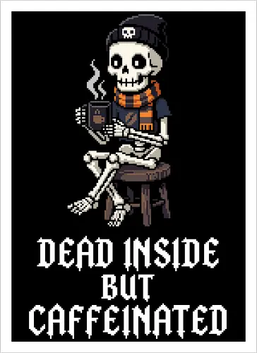 Cozy Coffee Skeleton - Retro Pixel Art Hipster Bones