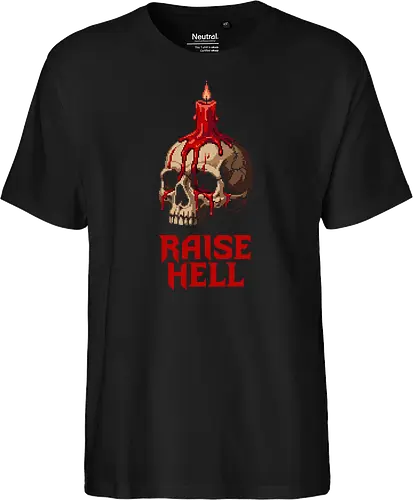 Raise Hell Gothic Skull - Melting Red Candle Pixel Art - raise hell, skull, candle, melting wax, pixel art, 8-bit, gothic, occult, dark art, spooky, horror, heavy metal, rebellious, edgy, macabre, halloween, retro gaming, punk, fantasy, skull art, satanic aesthetic, dark vibes, bones - Fairtrade T-Shirt