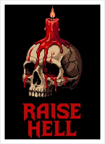 Raise Hell Gothic Skull - Melting Red Candle Pixel Art