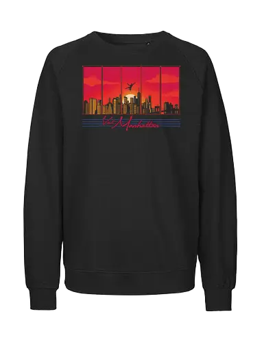 Visit Manhattan - nostalgia, 80s, 90s, adventure, childhood, cityscape, comics, manhattan, new york, new york city, retro, skyline, sunset, superhero, vintage - Fairtrade Sweatshirt