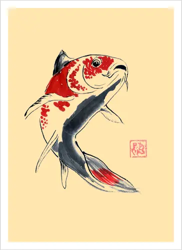 red koi - koi, fish, carp, sumie, japan - Artprint