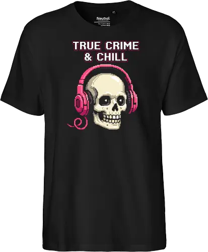 True Crime and Chill - Skull with Pink Headphones Pixel Art