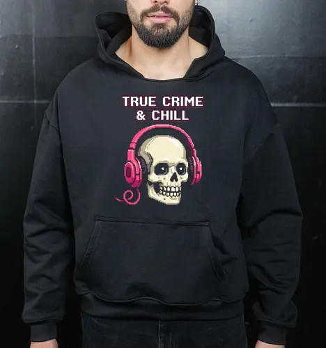 True Crime and Chill - Skull with Pink Headphones Pixel Art