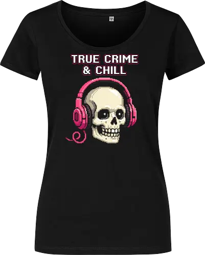True Crime and Chill - Skull with Pink Headphones Pixel Art