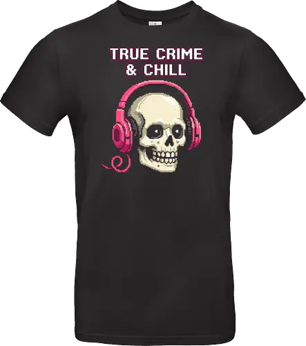 True Crime and Chill - Skull with Pink Headphones Pixel Art