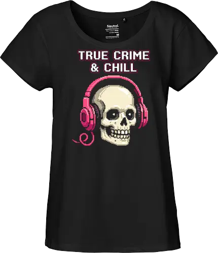 True Crime and Chill - Skull with Pink Headphones Pixel Art