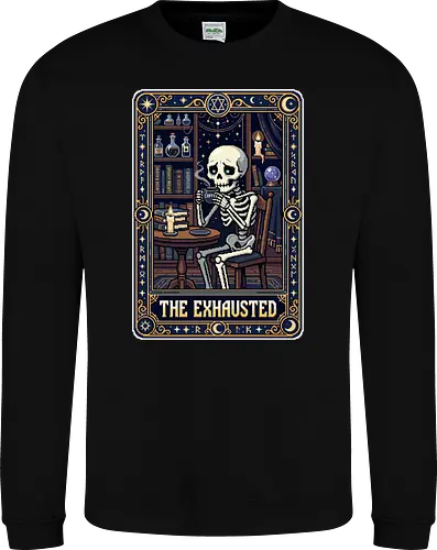 The Exhausted - Retro Skeleton Coffee Tarot Card Pixel Art