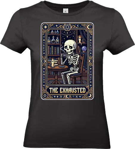 The Exhausted - Retro Skeleton Coffee Tarot Card Pixel Art - tarot, tarot card, skeleton, coffee, exhausted, tired, burnout, pixel art, 8-bit, gothic, occult, witchy, dark academia, caffeine, relatable, funny, spooky, magic, runes, moon, stars, morning mood, skeleton art, retro gaming, dead inside. - Standard T-Shirt (Women)