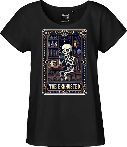 The Exhausted - Retro Skeleton Coffee Tarot Card Pixel Art