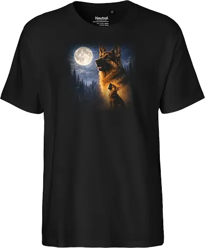 Deutscher Schäferhund Und Welpe Vollmond Nachtwald Sternenhimmel Illustration