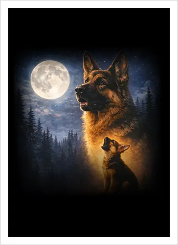 Deutscher Schäferhund Und Welpe Vollmond Nachtwald Sternenhimmel Illustration