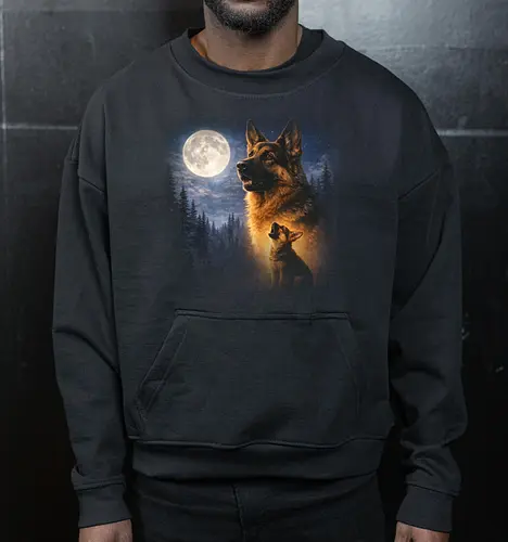 Deutscher Schäferhund Und Welpe Vollmond Nachtwald Sternenhimmel Illustration