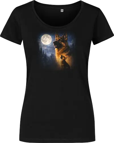 Deutscher Schäferhund Und Welpe Vollmond Nachtwald Sternenhimmel Illustration