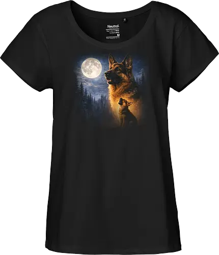 Deutscher Schäferhund Und Welpe Vollmond Nachtwald Sternenhimmel Illustration