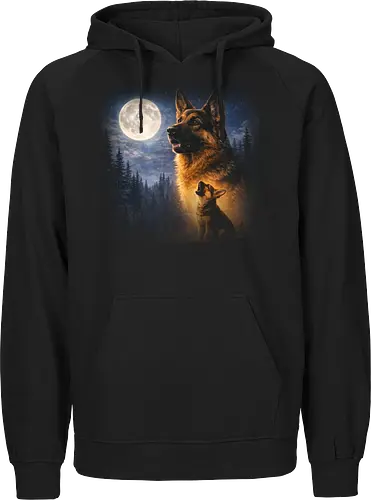 Deutscher Schäferhund Und Welpe Vollmond Nachtwald Sternenhimmel Illustration