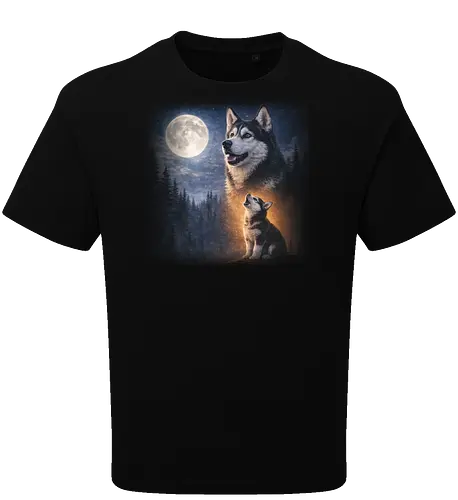 Husky Und Welpe Heulen Vollmond Nacht Wald Sternenhimmel Illustration Kunst
