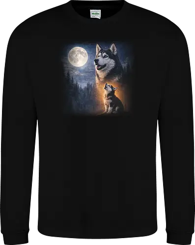 Husky Und Welpe Heulen Vollmond Nacht Wald Sternenhimmel Illustration Kunst