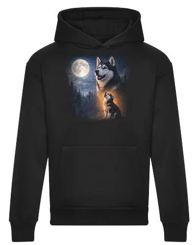 Husky Und Welpe Heulen Vollmond Nacht Wald Sternenhimmel Illustration Kunst