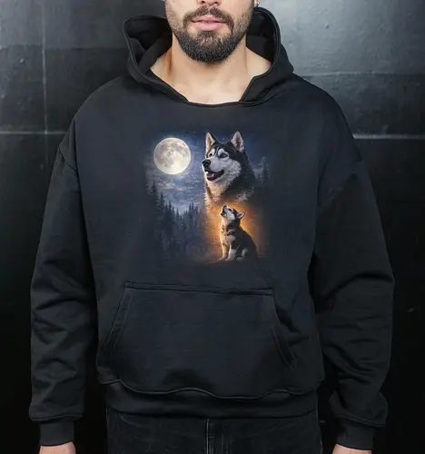 Husky Und Welpe Heulen Vollmond Nacht Wald Sternenhimmel Illustration Kunst