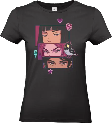 Mystic Gaze: Pop Art Comic Girls & Bird - pop art graphic print, anime eyes illustration, comic book panel art, pastel aesthetic shirt design, streetwear graphic tees, cute bird in hat, retro 90s anime style, manga girl graphic, edgy female faces vector, mystic eyes poster, indie pop art, pastel purple and teal aesthetic, quirky character illustration, alternative fashion print, girl power graphic art - Standard T-Shirt (Women)