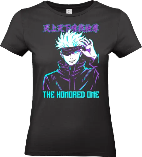 The Honored One: Neon Limitless Sorcerer Anime Graphic - Satoru Gojo, Jujutsu, JJK, The Honored One, Six Eyes, Limitless sorcerer, neon anime aesthetic, vaporwave anime graphic, Japanese kanji shirt, anime streetwear, strongest sorcerer, manga apparel, cyan and purple art, blindfold anime character, shonen anime design - Standard T-Shirt (Women)