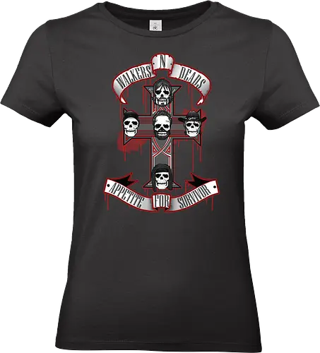 Appetite for Survivor - Zombie Rock Mashup Überlebende Kreuz Schädel Blut - Walkers N Deads Poster, Walking Dead GNR Mashup, Appetite for Survivor, Rick Grimes Daryl Dixon, Zombie Rock Mashup, Geek Poster, Popkultur Mashup, Hard Rock Zombie, TWD Mashup, alternativer Streetwear, Geek Geschenk, Schädel Rock, kinematografisches Poster, GNR Parodie, alternatives Rock Shirt - Standard T-Shirt (Women)