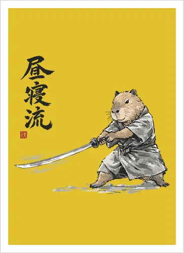 Capybara Samurai Katana Vintage Tuschezeichnung