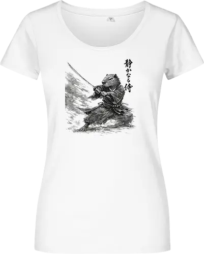 Capybara Samurai Bewegung Dynamische Tuschekunst - capybara dynamisch, samurai bewegung, japanische aktion, tier kämpft, capybara katana, tusche aktion, sumi-e dynamisch, witziger samurai, capybara lustig, nager kämpfer, japanische bewegung, vintage aktion, tier kunst, japan tier - Women T-Shirt