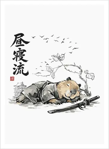 Schlafender Capybara Samurai Zen Tuschezeichnung