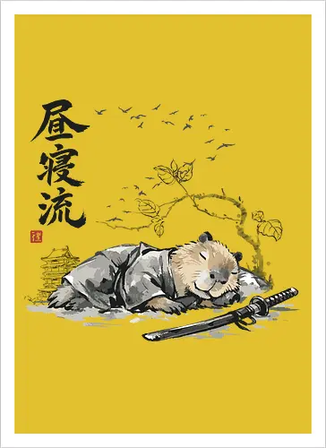 Schlafender Capybara Samurai Zen Tuschezeichnung