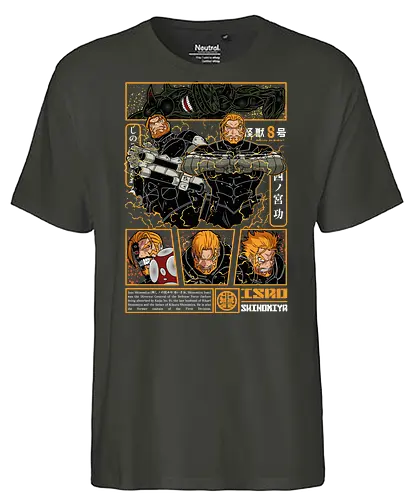 Isao – Defense Force Leader - isao shinomiya, defense force, anime soldier, kaiju battle, action anime, manga series, japanese anime, anime art, commander character, monster fight, anime aesthetic, military anime, strong leader, kaiju anime - Fairtrade T-Shirt