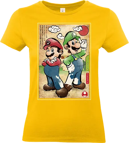 Super Plumber Bros woodblock - super mario galaxi, mario bros, luigi, movies, japanese art, woodblock, ukiyo-e, peach - Standard T-Shirt (Women)