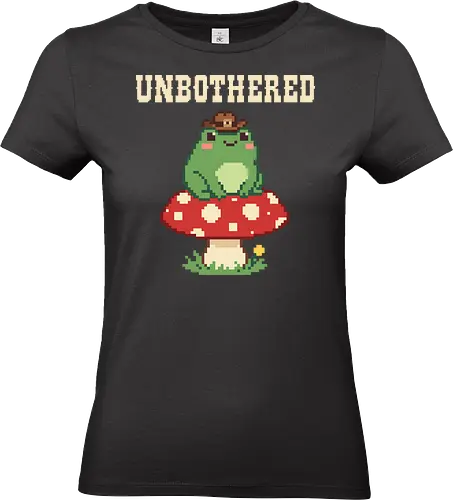 Unbothered Cowboy Frog on Mushroom - Cute Pixel Art - frog, unbothered, mushroom, pixel art, cowboy frog, cute frog, cottagecore, 8 bit, retro, toad, funny frog, chill, kawaii, introvert, yeehaw, red mushroom, goblincore, peace, animal meme, cowboy hat - Standard T-Shirt (Women)