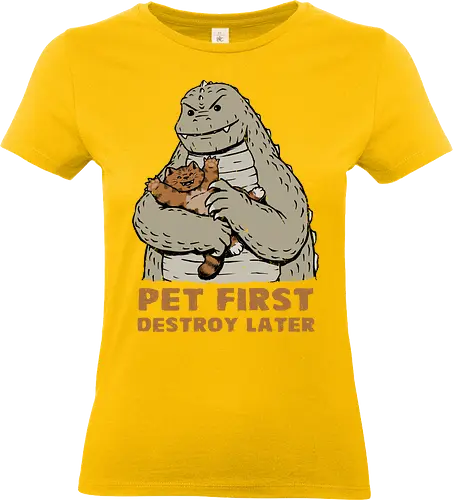 Pet Now, Destroy Later - kaiju, cute monster, kaiju neko, kawaii kaiju, cute kaiju, cute cat, kaiju cat, nekozilla, kaijuzilla, monster cat, pet first - Standard T-Shirt (Women)