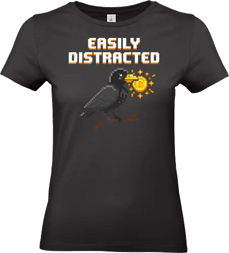 Shiny Object Collector - Pixel Art Magpie with Gold Coin - magpie, crow, raven, pixel art, 8 bit, gold coin, shiny, loot, shiny object syndrome, retro gamer, easily distracted, bird lover, goblincore, treasure, cute bird, corvid, animal graphic, nostalgic, thief, vintage gaming - Standard T-Shirt (Women)