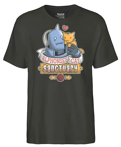 Alphonses Katzenheiligtum - Alphonse Elric Kunst, Fullmetal Alchemist, Katzenheiligtum, Al Katzen, Anime Shirt, Otaku Kultur, Kawaii Anime, süßer Streetwear, Geek Geschenk, Alphonse Rüstung, FMA Shirt, Anime Katzen, süßes dunkles Anime, Alphonse Chibi, Manga Katzenliebe - Fairtrade T-Shirt