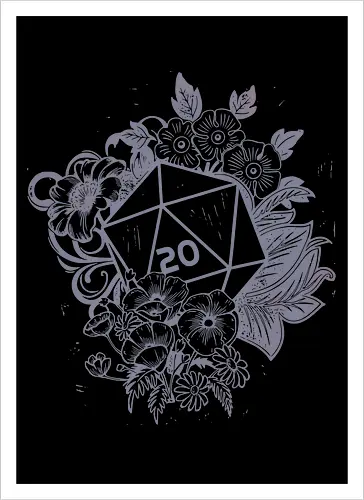 D20 Linocut - D20, Pen & Paper, Rollenspiel, Nerd, Pathfinder, Cthulu, Floral, Pen and Paper, Würfelspiele, Boardgames, Brettspiele, Fantasy, Drachen - Artprint