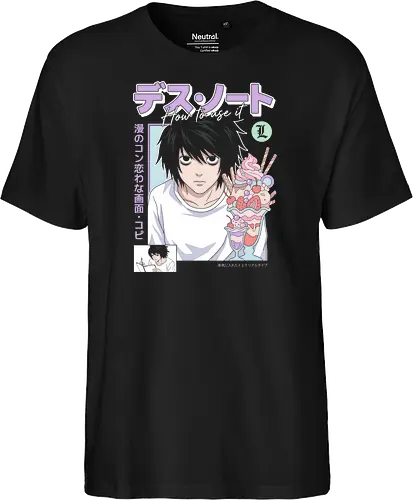 L: Sweet Justice (Death) - L Lawliet, Death, L Death Note, sweet detective, pastel anime aesthetic, anime fan art, L with sweets, Ryuzaki, vintage anime poster, soft grunge anime shirt - Fairtrade T-Shirt