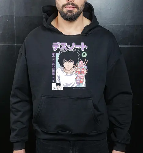 L: Sweet Justice (Death) - L Lawliet, Death, L Death Note, sweet detective, pastel anime aesthetic, anime fan art, L with sweets, Ryuzaki, vintage anime poster, soft grunge anime shirt - Cropped Hoodie