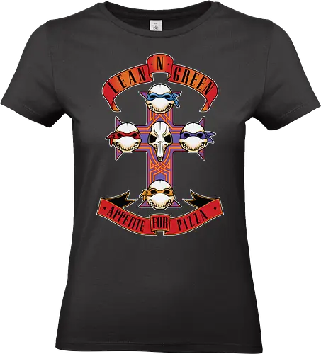 Appetit auf Pizza - TMNT Kunst, TMNT GNR Mashup, Appetit auf Pizza, Appetite for Destruction, Leonardo Raphael Donatello Michelangelo, Geek Kleidung, Rock Pizza Mashup, 80er 90er Popkultur, alternativer Streetwear, Geek Geschenk, TMNT Shirt, Hard Rock Pizza, kreatives Mashup, Kevin Eastman Peter Laird, Nerd Shirt - Standard T-Shirt (Women)
