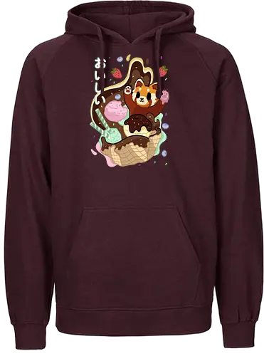 Oishii fox - fox, food, dessert, ice cream, red panda, japan, japanesse letters, cute - Fairtrade Hoodie