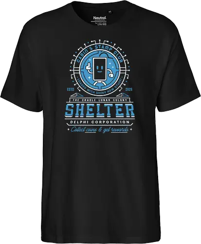 Cabin Coins Stamp Club Emblem - pragmata, diana, hugh, cabin coins, stamp, robot, space, gaming, gamer, video game, lunar, moon, astronaut, science fiction - Fairtrade T-Shirt