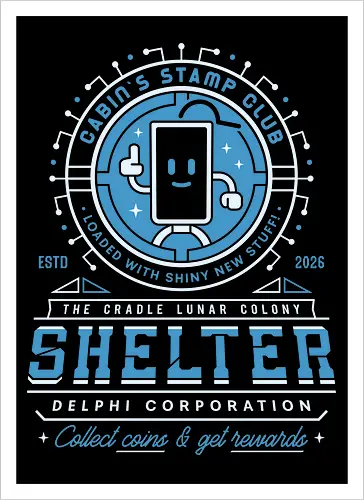 Cabin Coins Stamp Club Emblem - pragmata, diana, hugh, cabin coins, stamp, robot, space, gaming, gamer, video game, lunar, moon, astronaut, science fiction - Artprint