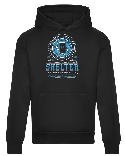 Cabin Coins Stamp Club Emblem - pragmata, diana, hugh, cabin coins, stamp, robot, space, gaming, gamer, video game, lunar, moon, astronaut, science fiction - Heavyweight Hoodie