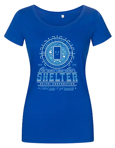 Cabin Coins Stamp Club Emblem - pragmata, diana, hugh, cabin coins, stamp, robot, space, gaming, gamer, video game, lunar, moon, astronaut, science fiction - Women T-Shirt