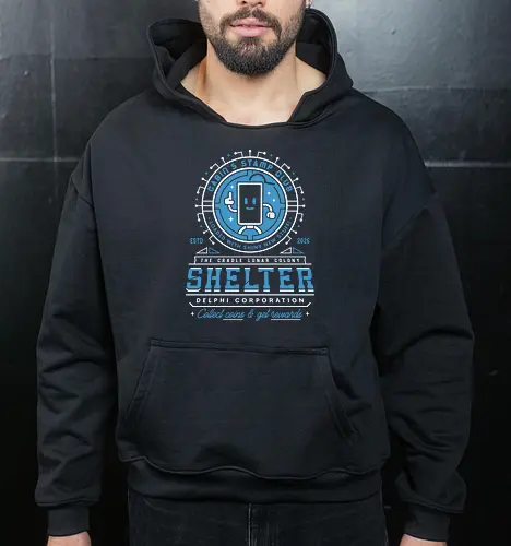 Cabin Coins Stamp Club Emblem - pragmata, diana, hugh, cabin coins, stamp, robot, space, gaming, gamer, video game, lunar, moon, astronaut, science fiction - Cropped Hoodie